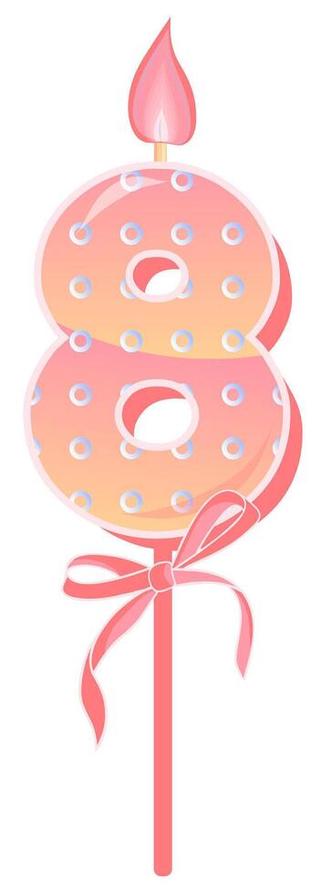 Happy Birthday cake font with pink yellow candle. eight year, symbol of number anniversary. Quinceanera girl party decor. Cartoon illustration. vector
