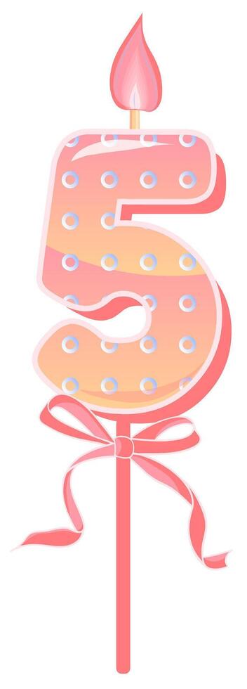 Happy Birthday cake font with pink yellow candle. five year, symbol of number anniversary. Quinceanera girl party decor. Cartoon illustration. vector