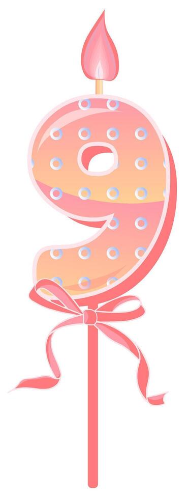 Happy Birthday cake font with pink yellow candle. nine year, symbol of number anniversary. Quinceanera girl party decor. Cartoon illustration. vector