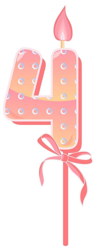 Happy Birthday cake font with pink yellow candle. four year, symbol of number anniversary. Quinceanera girl party decor. Cartoon illustration. vector