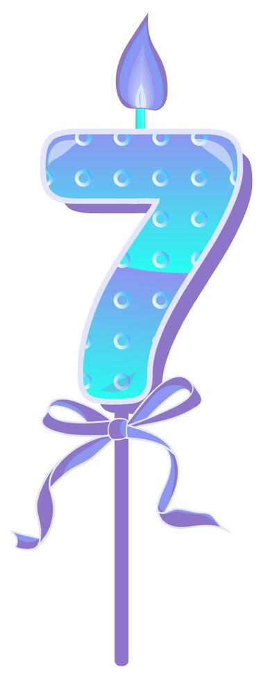 Happy Birthday cake font with blue candle. Seven year, symbol of number anniversary. Quinceanera girl party decor. Cartoon illustration. vector