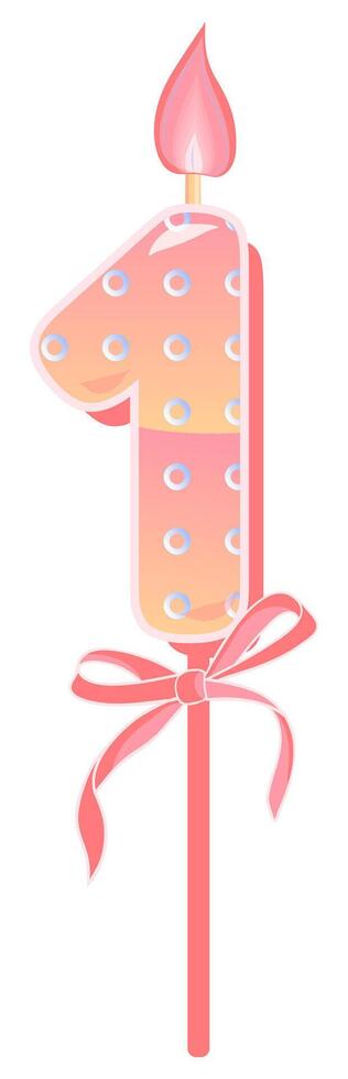 Happy Birthday cake font with pink yellow candle. One year, symbol of number anniversary. Quinceanera girl party decor. Cartoon illustration. vector