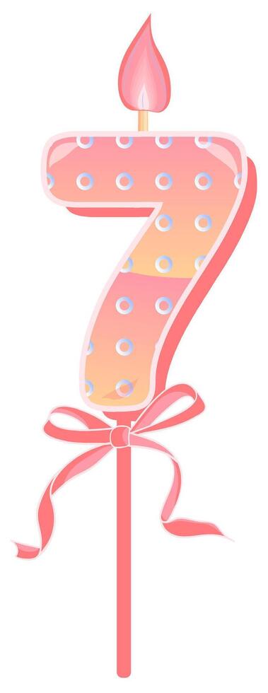 Happy Birthday cake font with pink yellow candle. seven year, symbol of number anniversary. Quinceanera girl party decor. Cartoon illustration. vector