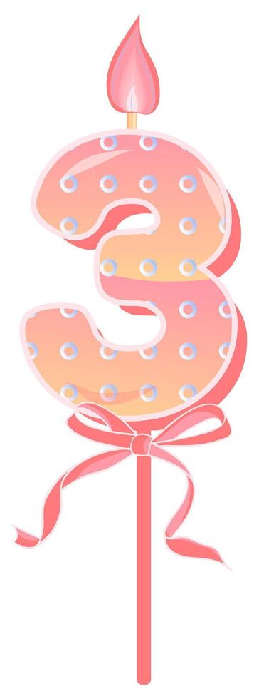 Happy Birthday cake font with pink yellow candle. three year, symbol of number anniversary. Quinceanera girl party decor. Cartoon illustration. vector