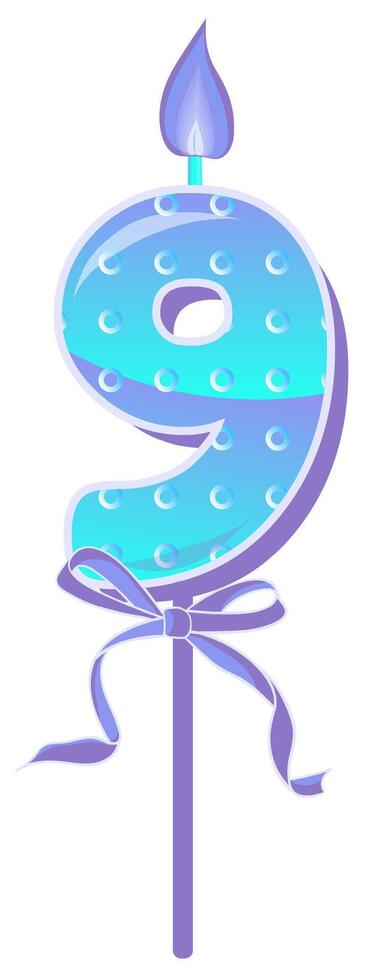 Happy Birthday cake font with blue candle. nine year, symbol of number anniversary. Quinceanera girl party decor. Cartoon illustration. vector