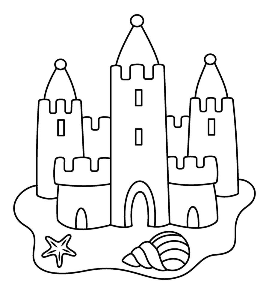 Sandcastle. Summer Sand Castle. Outline Doodle illustration for colouring pages. Editable Stroke. Sea shells. Ocean and sea. Cute colouring page vector