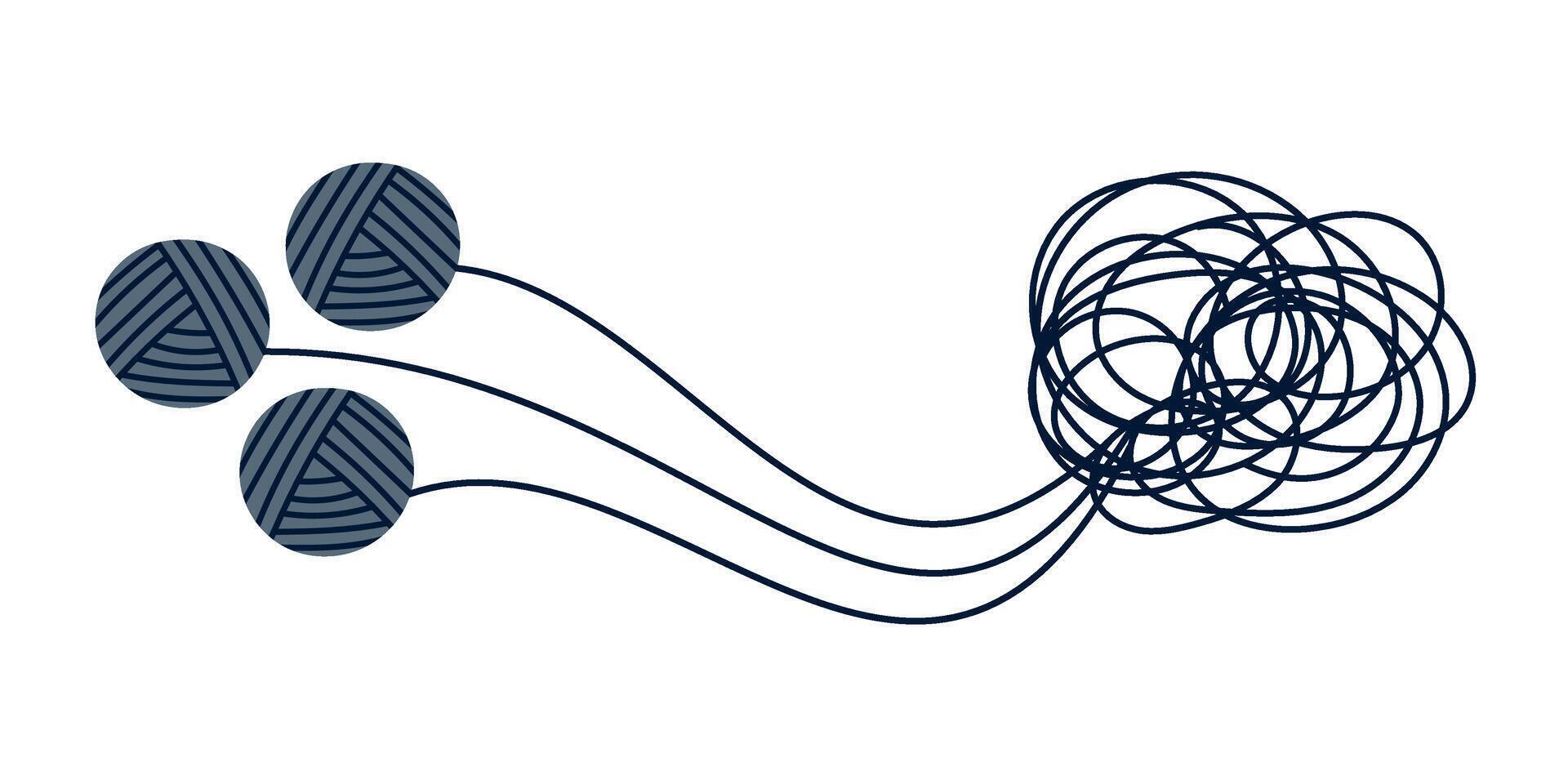 Three tangles chaotically tangled together. Chaos and order. Tangled jangle, Tangled thoughts. Counselling, therapy, psychology, support concept. Coaching, mentoring or psychotherapy. Problem solving. vector