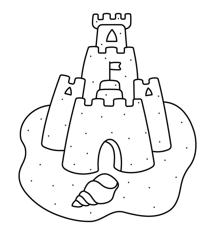 Sandcastle. Summer Sand Castle. Outline Doodle illustration for