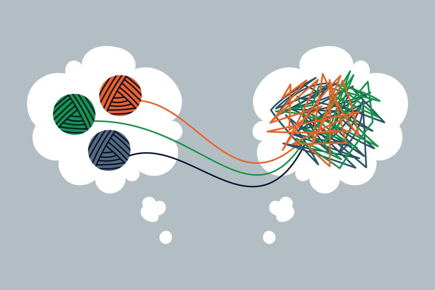 Psychologist unravelling three tangle of tangled thoughts. Tangled colorful jangle, Tangled thoughts. Speech bubbles. Coaching, mentoring or psychotherapy. Problem solving. Chaos and order vector