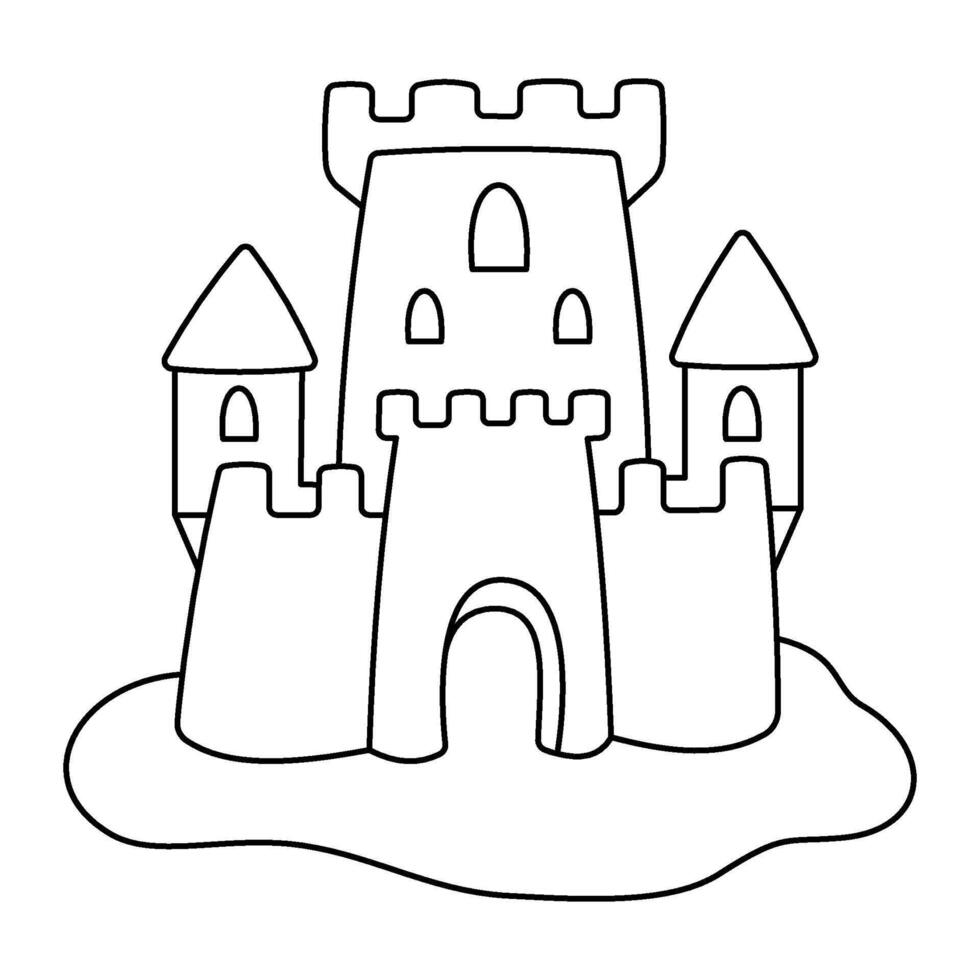 Sandcastle. Summer Sand Castle. Outline Doodle illustration for colouring pages. Editable Stroke. Ocean and sea. vector