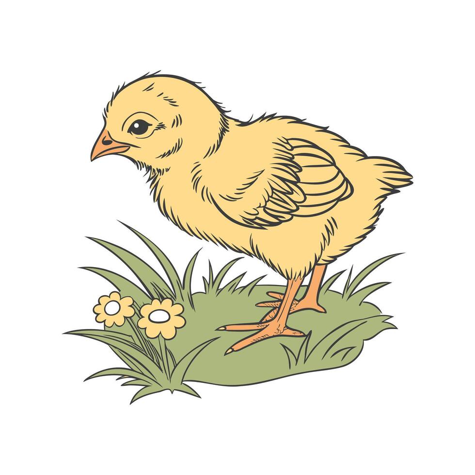 Yellow chick in the grass with flowers. Cute poultry illustration. vector