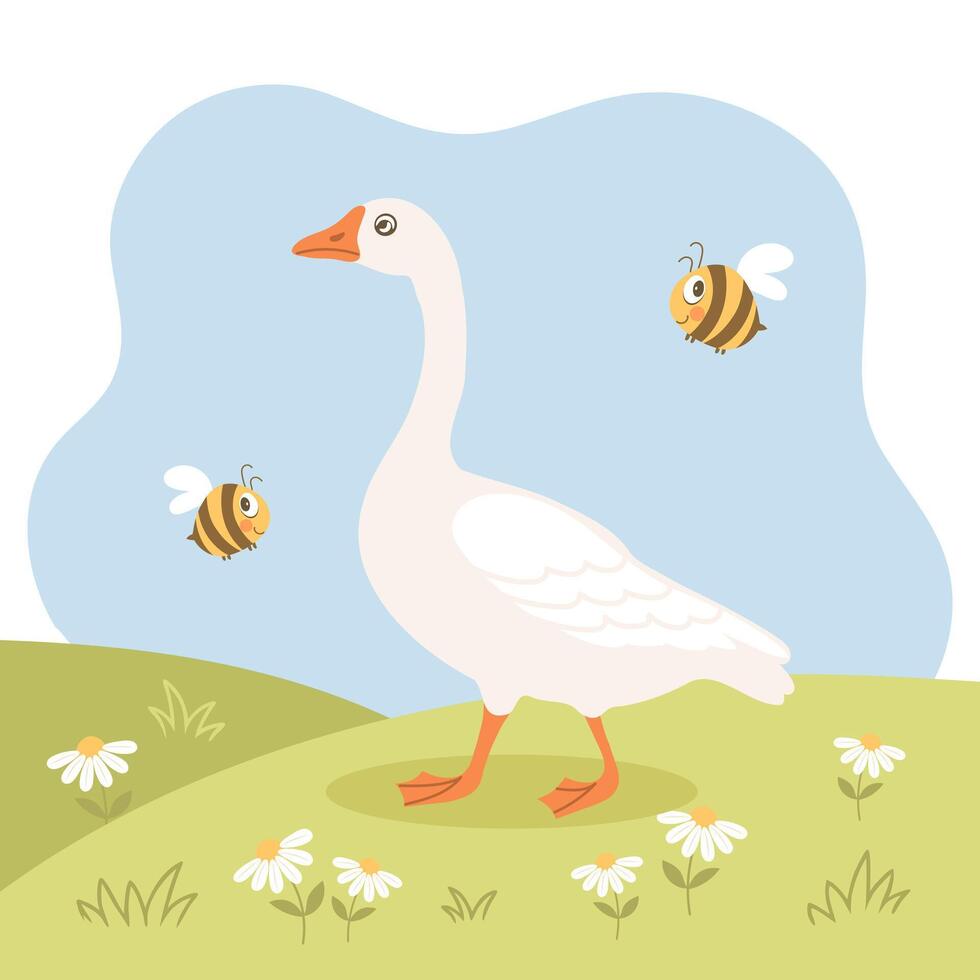 Cute goose on a meadow with bees and flowers. Spring illustration for children, postcard vector