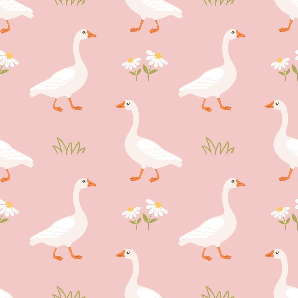 Seamless pattern with cute geese and daisies on a pink background. Background for children's clothing. Print vector