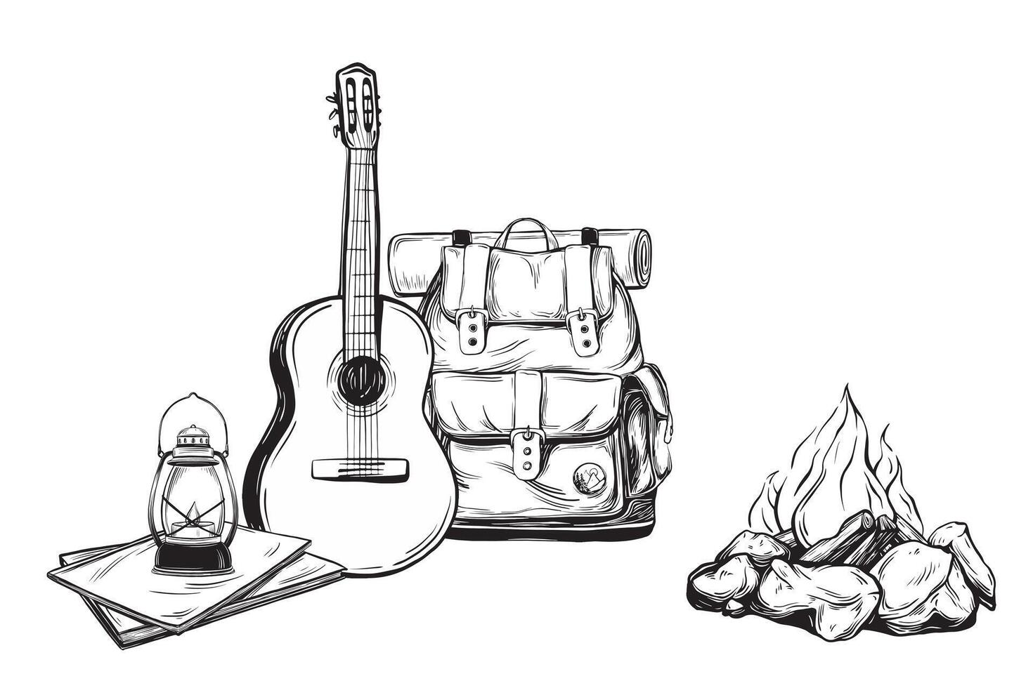 Tourist composition with Backpack and Guitar. Hiking lamp and different white black books in a linear style. Map illustration in linear drawing style. Hand drawn of camping adventure with Fire. vector