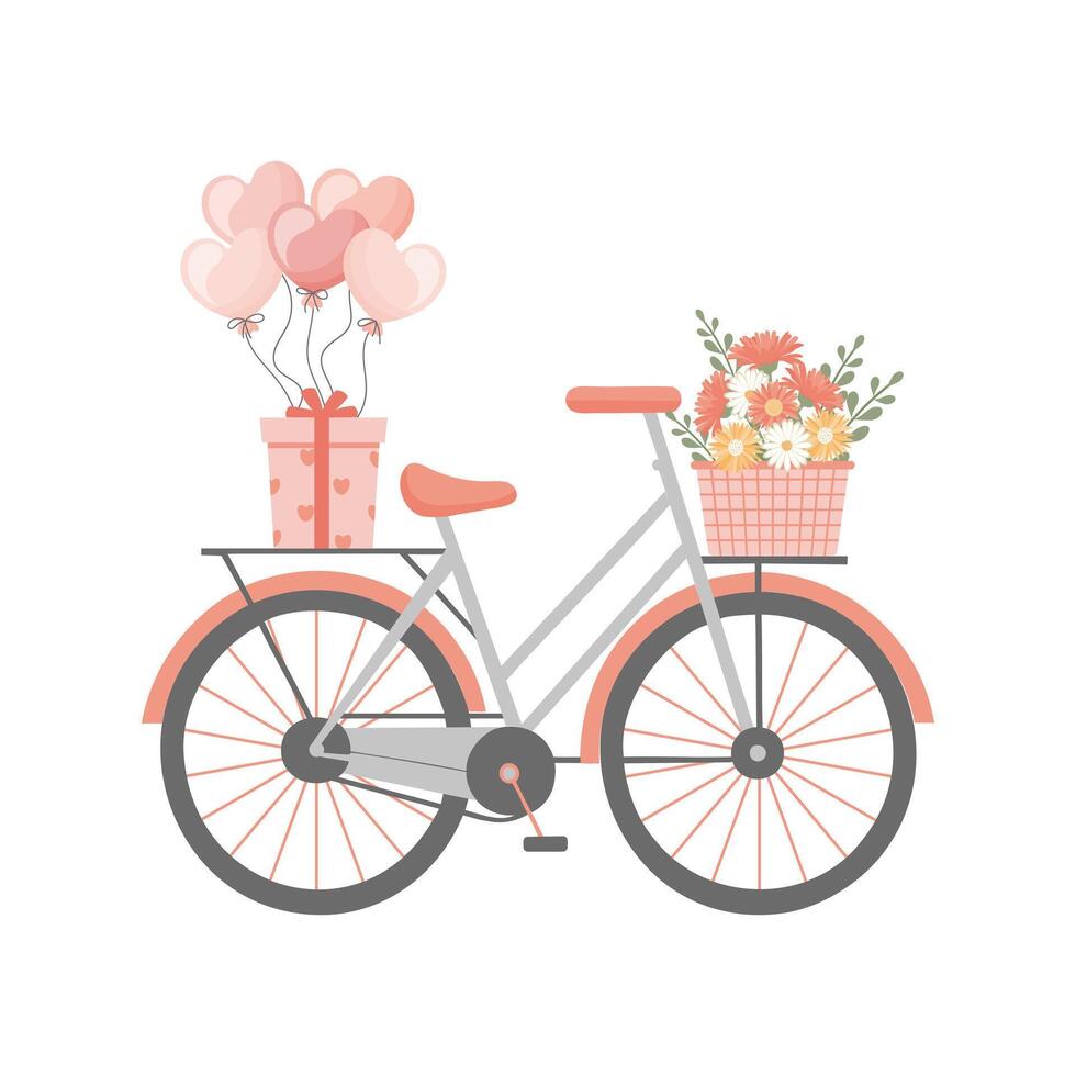 Bicycle with basket of flowers and gift box with balloons. Romantic illustration for Valentine's Day, birthday. vector