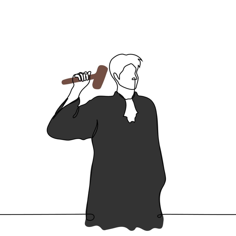 male judge swinging gavel standing - one line art. concept man in black judge uniform with white collar announcing verdict, justice vector