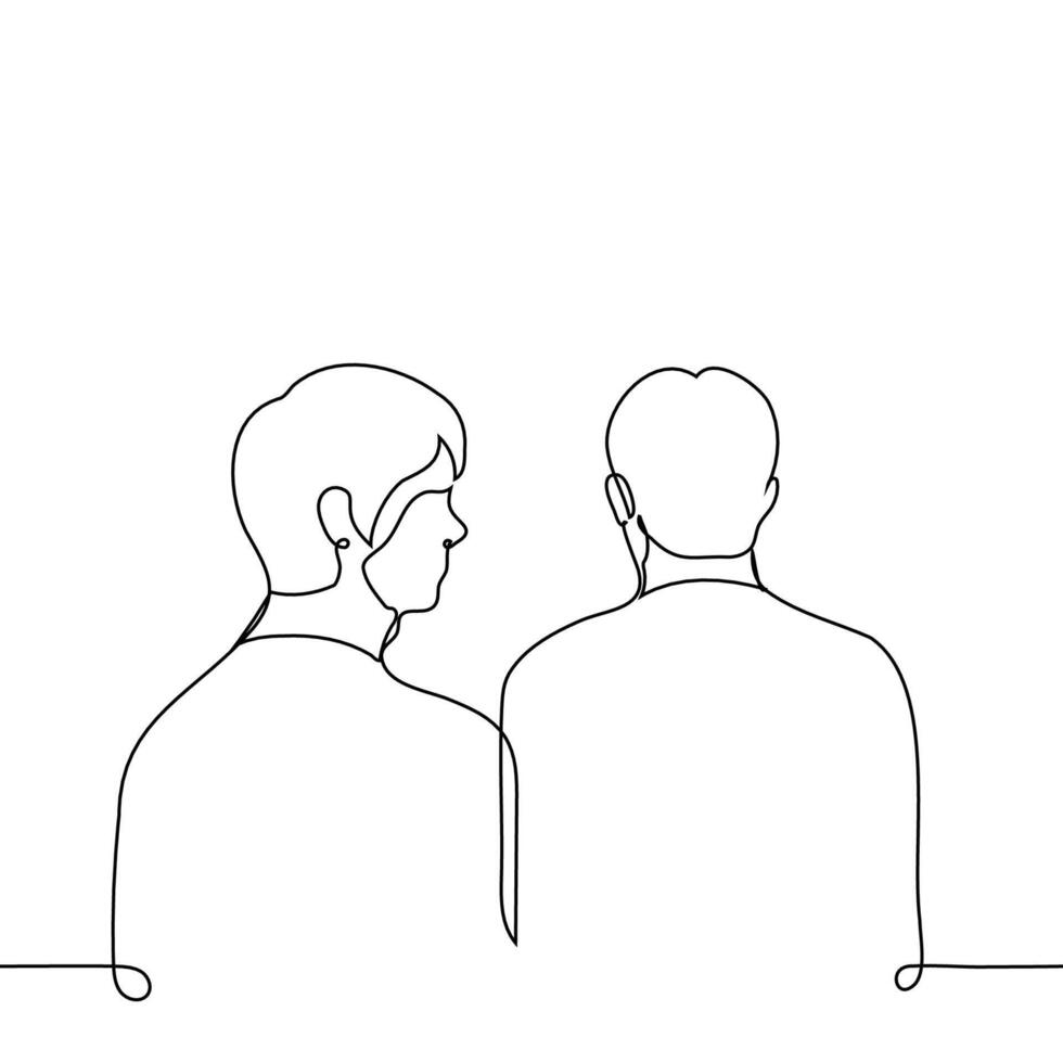 men standing next to each other, one of them looking at the other while the first one doesn't see - one line art. concept admiration, peeping, authority, spy, friend, observation vector