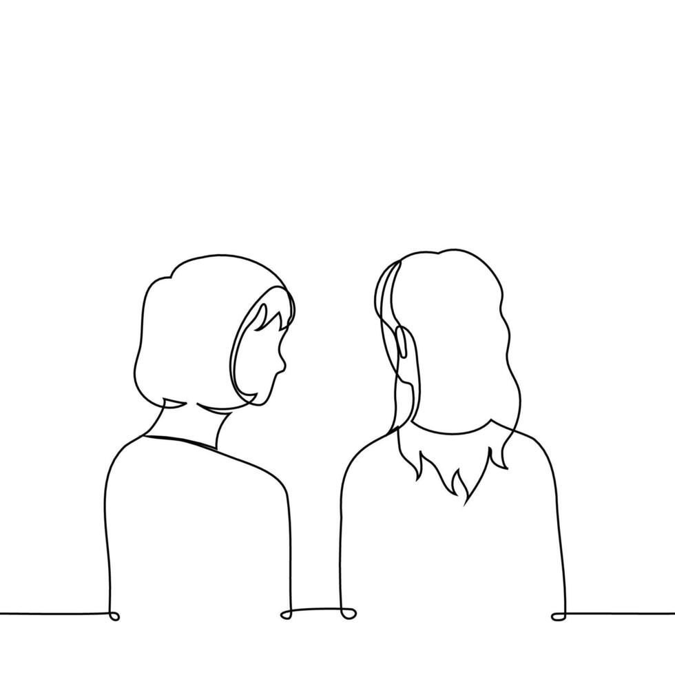 women standing next to each other, one of them looking at the other while the first one doesn't see - one line art. concept admiration, peeping, authority, spy, friend, observation, crash vector