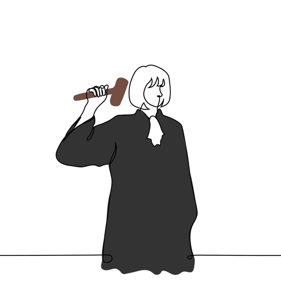 female judge swinging gavel standing - one line art. concept woman in black judge uniform with white collar announcing verdict, justice vector