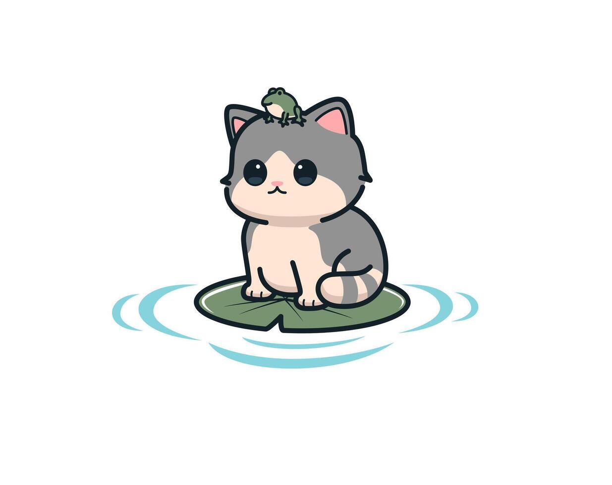 Cute cat and frog are on lotus leaf vector