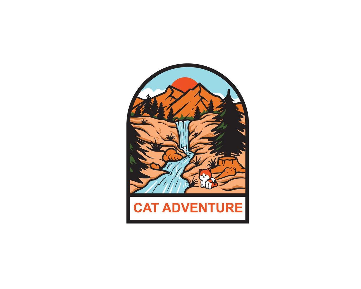 Cat Adventure Waterfall Mountain Logo vector