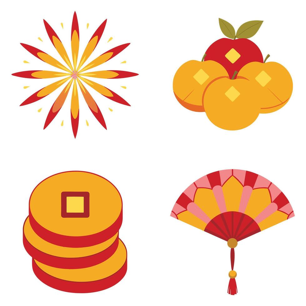Chinese New Year Icon Set with Fireworks, Gold Ingots, Fan, and Mandarin Oranges vector