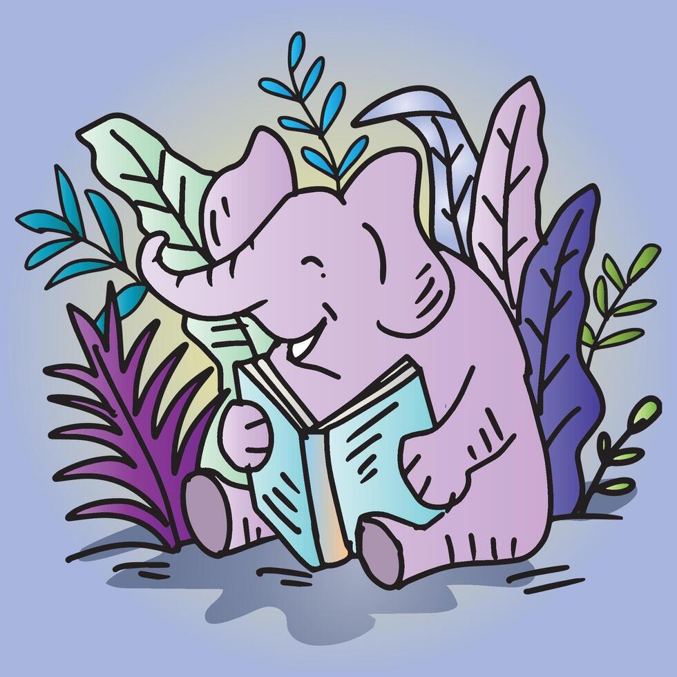 Cute cartoon elephant reading a book in the garden. vector
