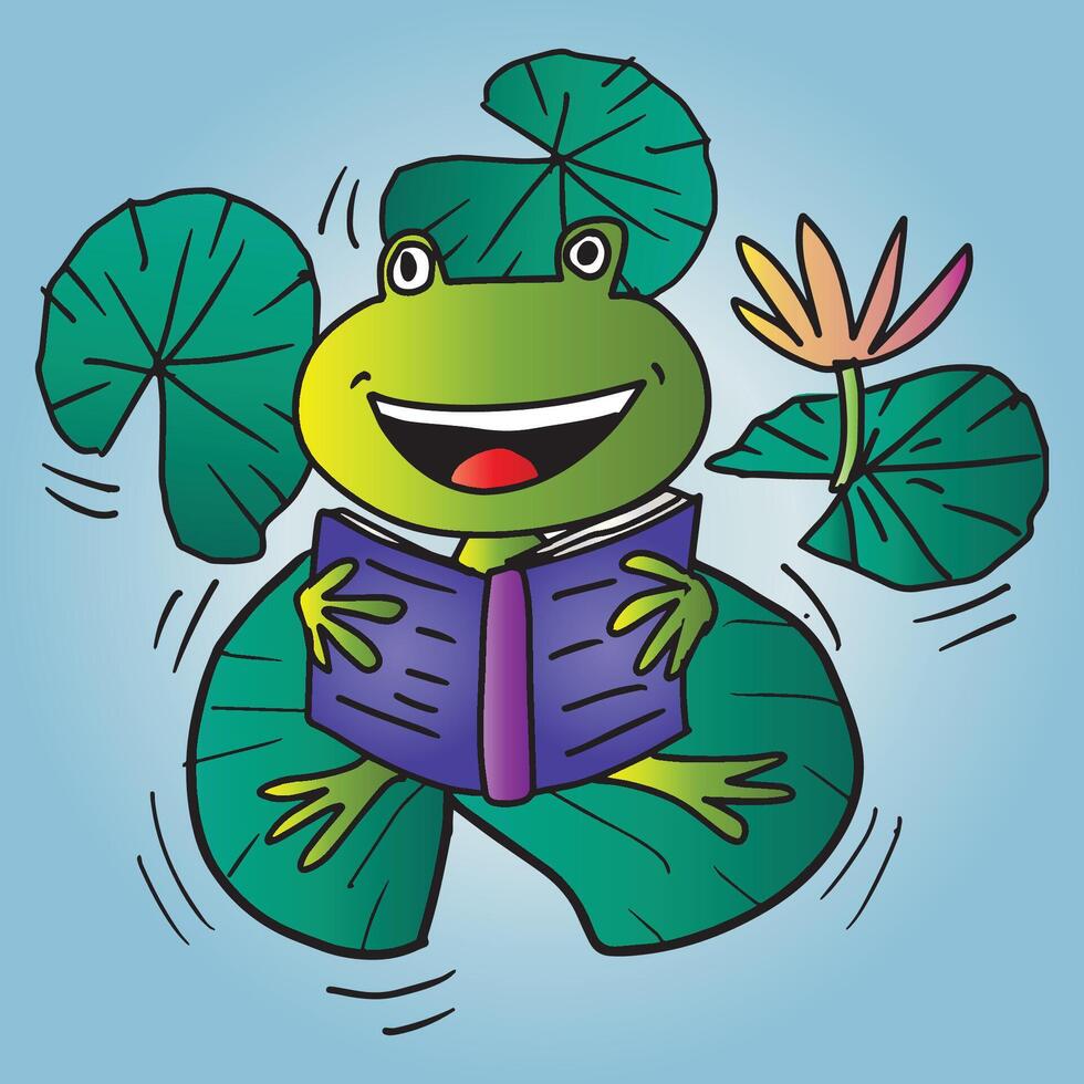 Frog reading a book on a lotus leaf. vector