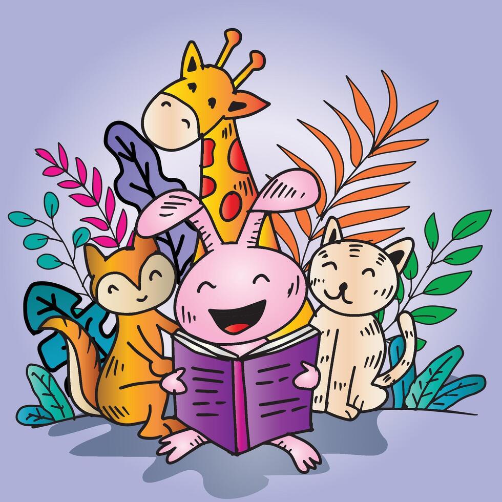 Children's illustration of cat, giraffe, ferret and rabbit reading a book vector
