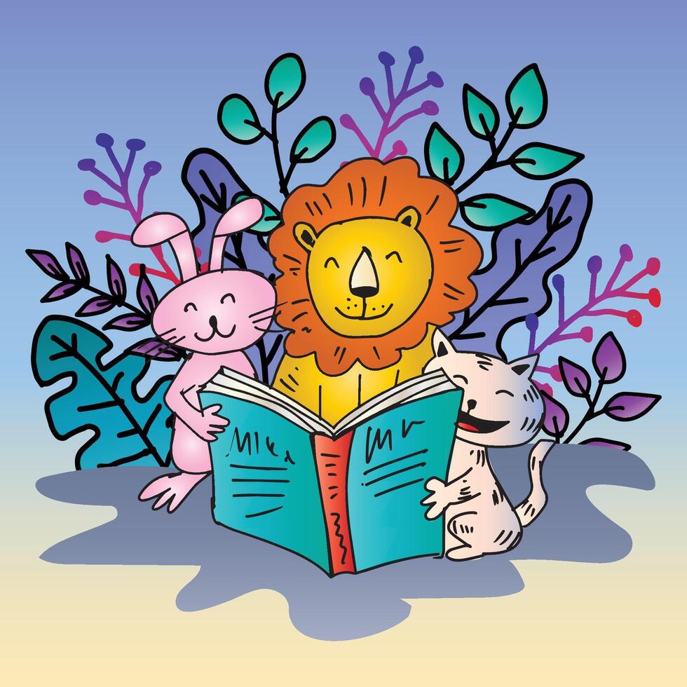 Adorable Cartoon Illustration of lion, rabbit and cat reading a book vector