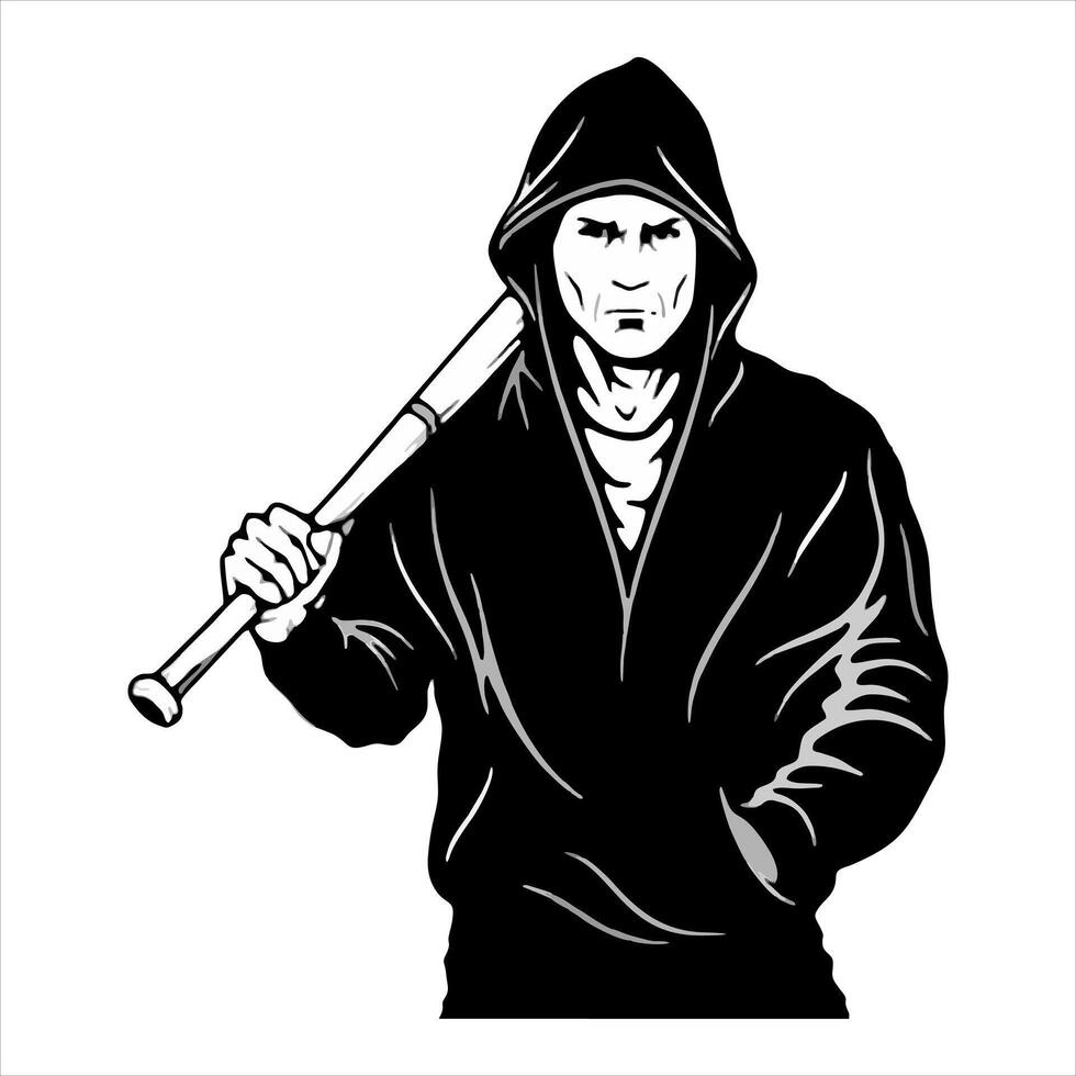 man with baseball bat black hoodie vector