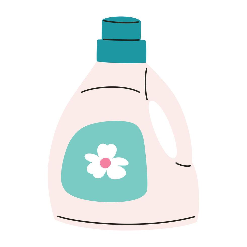 illustration of large detergent bottle with floral label. Flat cartoon style doodle, bright colors, perfect for laundry, fabric softener, hygiene, and household themes, isolated colored clipart vector