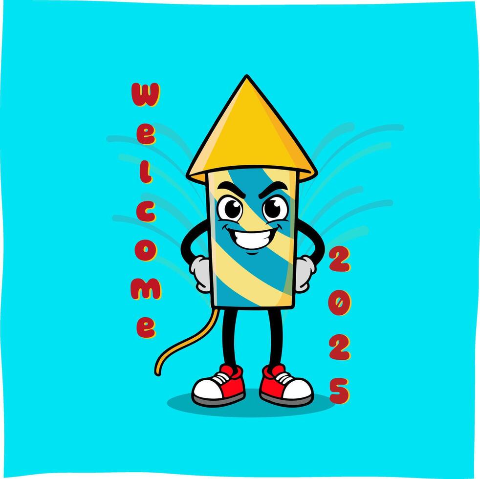 Cheerful rocket firework cartoon with new year greeting, suitable for related content or mascot vector