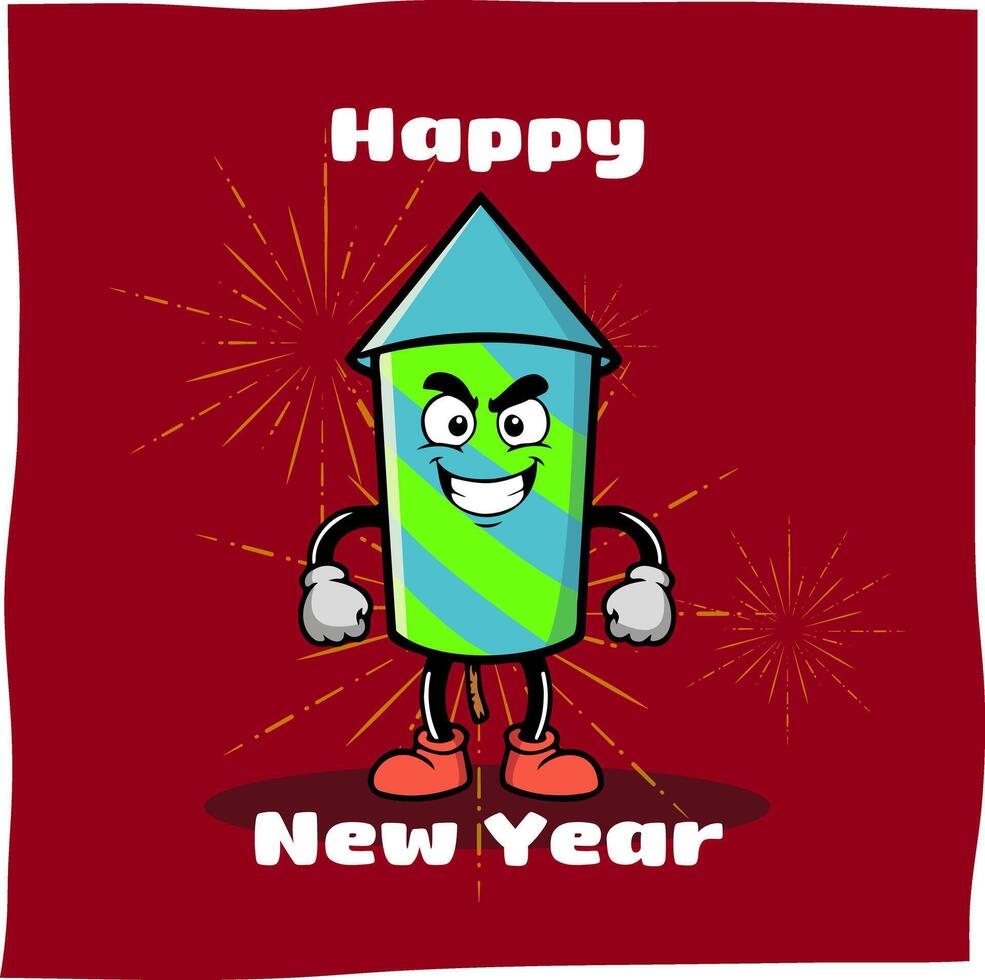 cartoon rocket fireworks and new year greetings, suitable for related content or mascot vector
