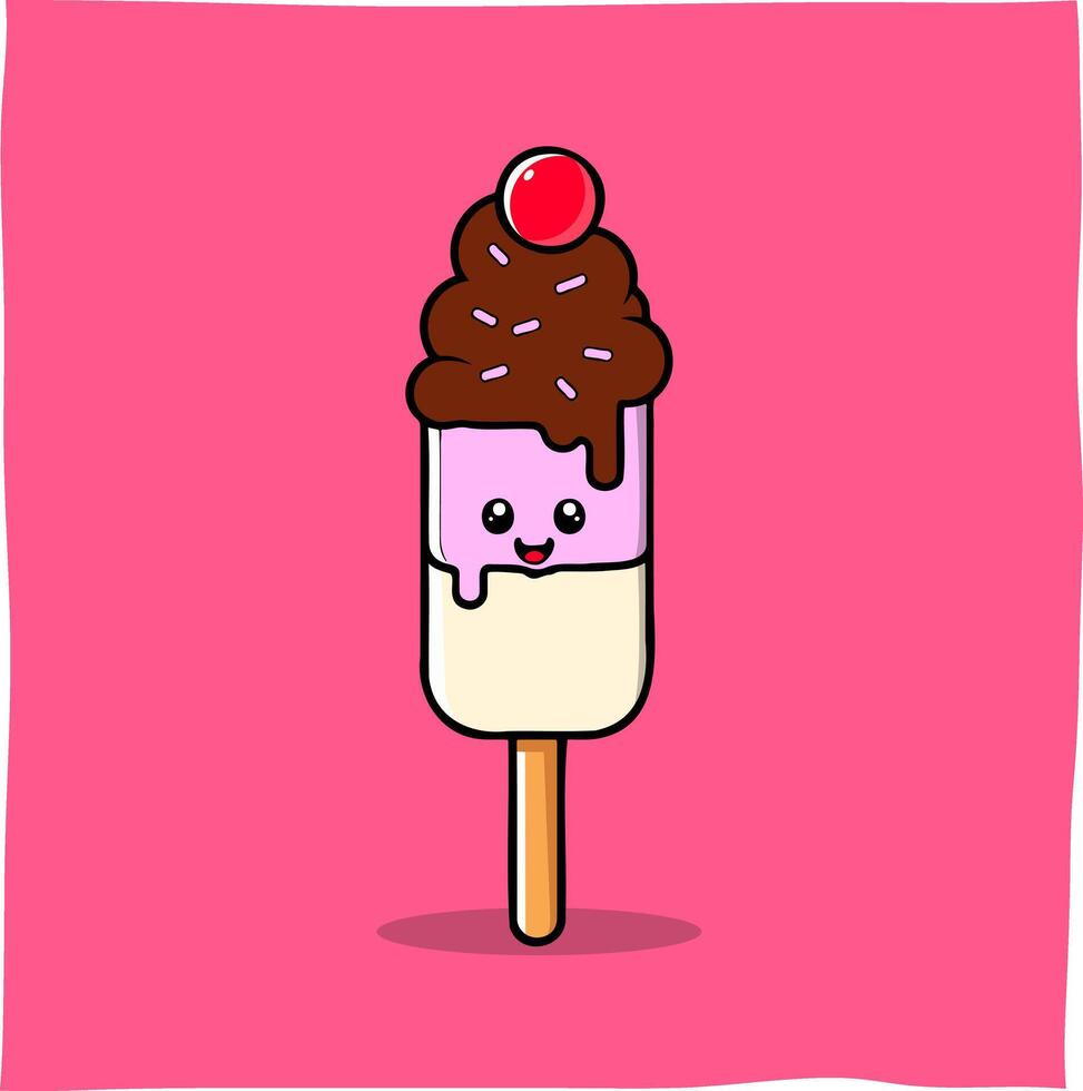 Cartoon illustration of strawberry flavored ice cream stick with delicious chocolate sauce, suitable for related content or mascot vector