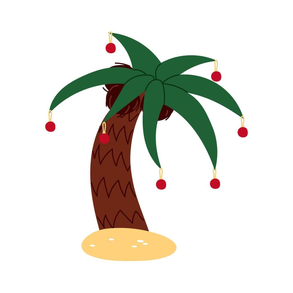 palm tree with coconuts is decorated with Christmas toys, red ball on the leaves, standing out against the white. Merry Christmas. Suitable for printing on greeting cards, posters, banners, souvenirs. vector