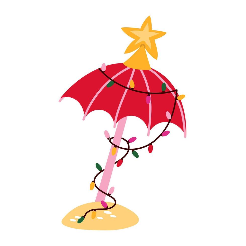 The umbrella is decorated with a garland and a star. Beach Christmas party. An isolated item for a tropical new year. Merry Christmas and Happy New Year on the background of a warm climate design. vector