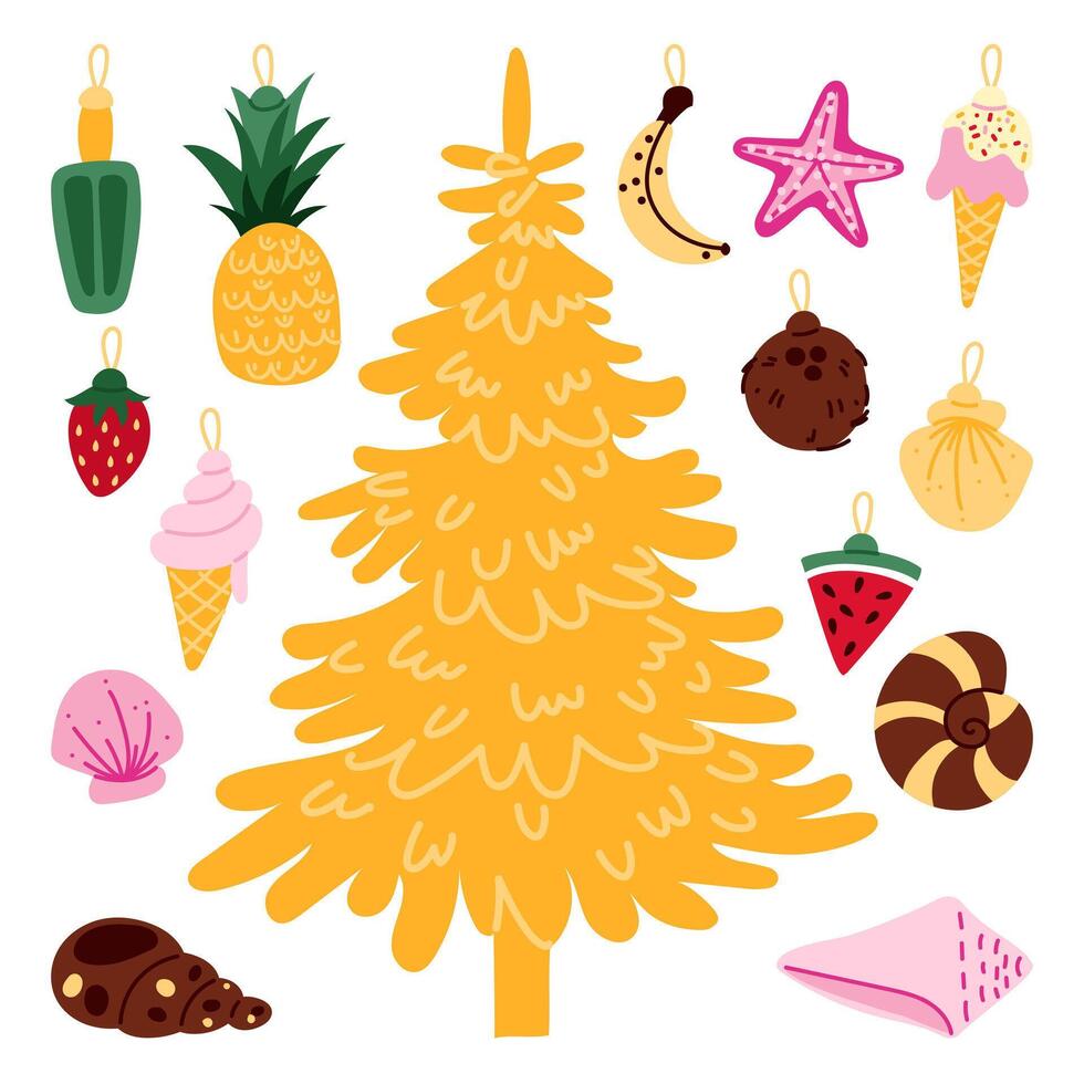 set tropical Christmas tree toys for an artificial yellow Christmas tree. objects are shells, fruits, ice cream, starfish. Isolated items for printed products for gift or game. Christmas on vacation vector