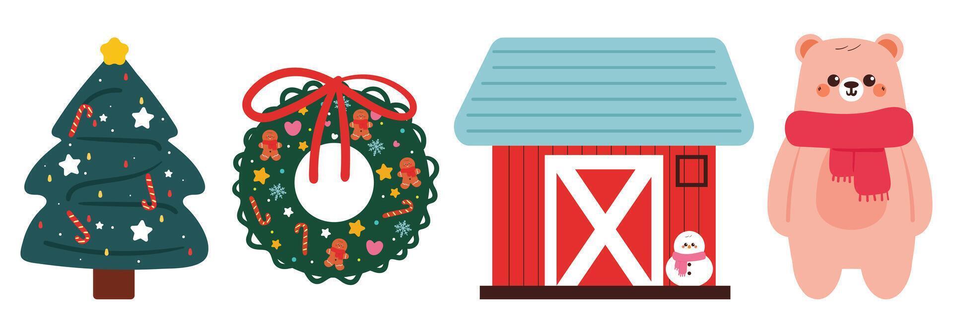 hand drawing cartoon christmas sticker with cartoon bear, house and christmas accessories. cute christmas vibes sticker, doodle set vector