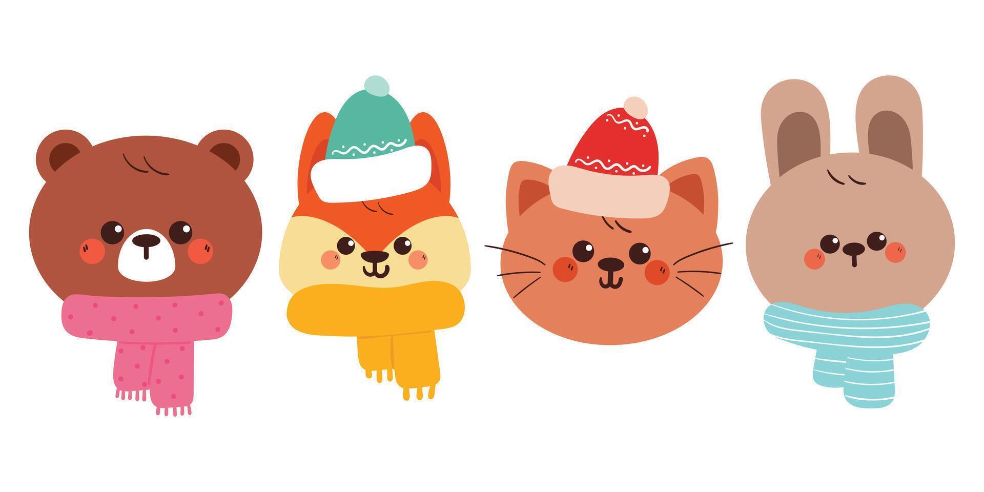 hand drawing cartoon winter animal sticker set. cute animal with scarf and sweater drawing, doodle set vector