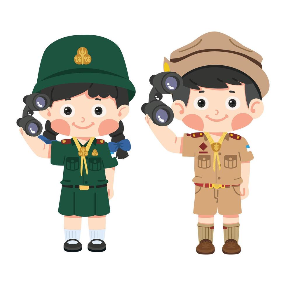 Kids scout thai looking through the binocular vector