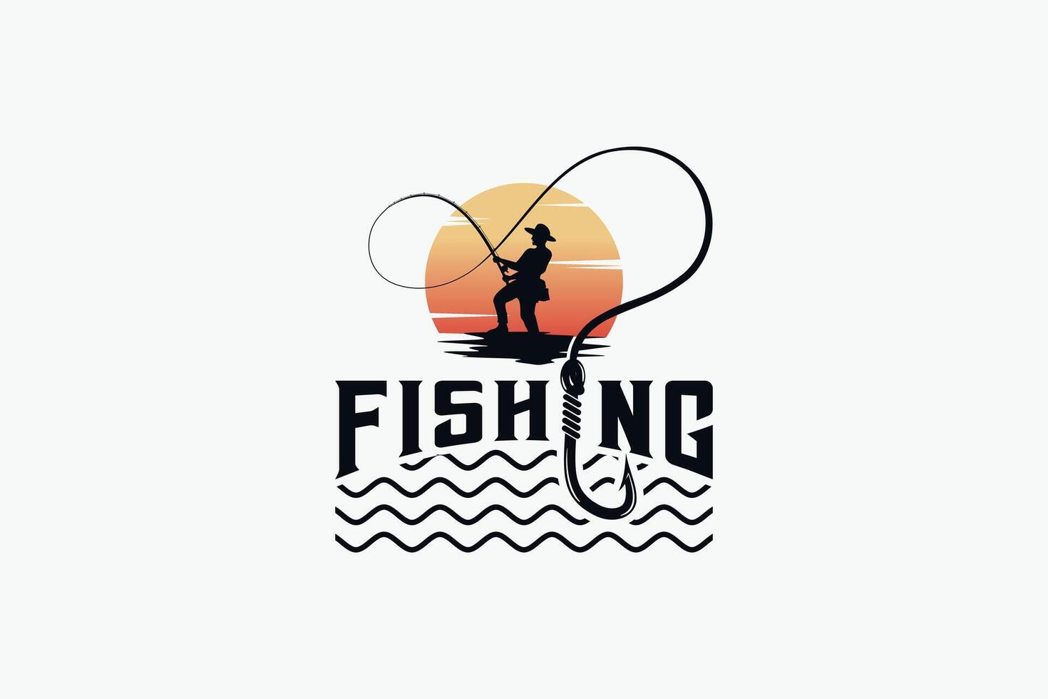 Angler logo design template throwing a hook with sunrise or sunset background vector