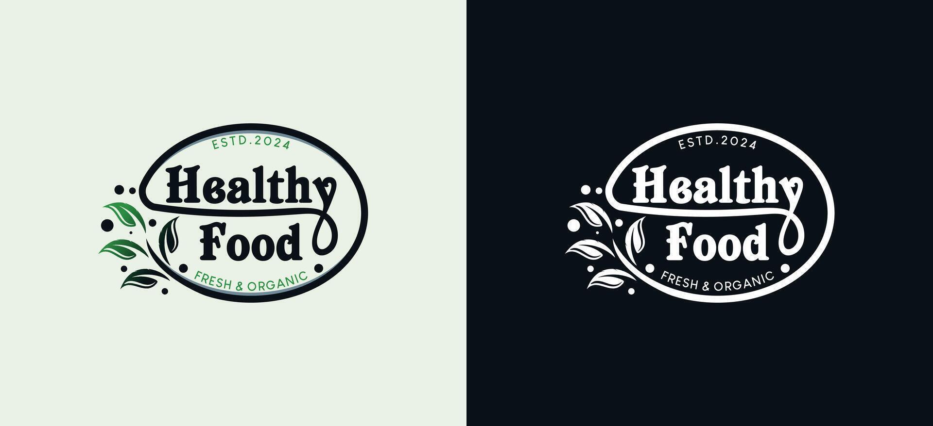 Natural healthy eating label logo design template with leaf symbol vector