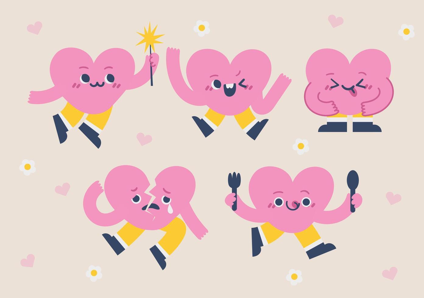 Pink Heart Characters Set for Cute Projects with Playful Poses Emotions vector