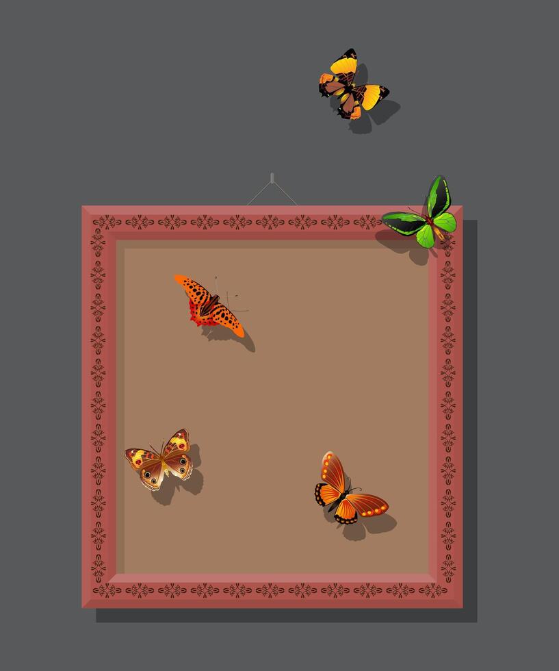 Cute butterflies fly inside the frame and outside the frame illustration. beautiful wallpaper. vector