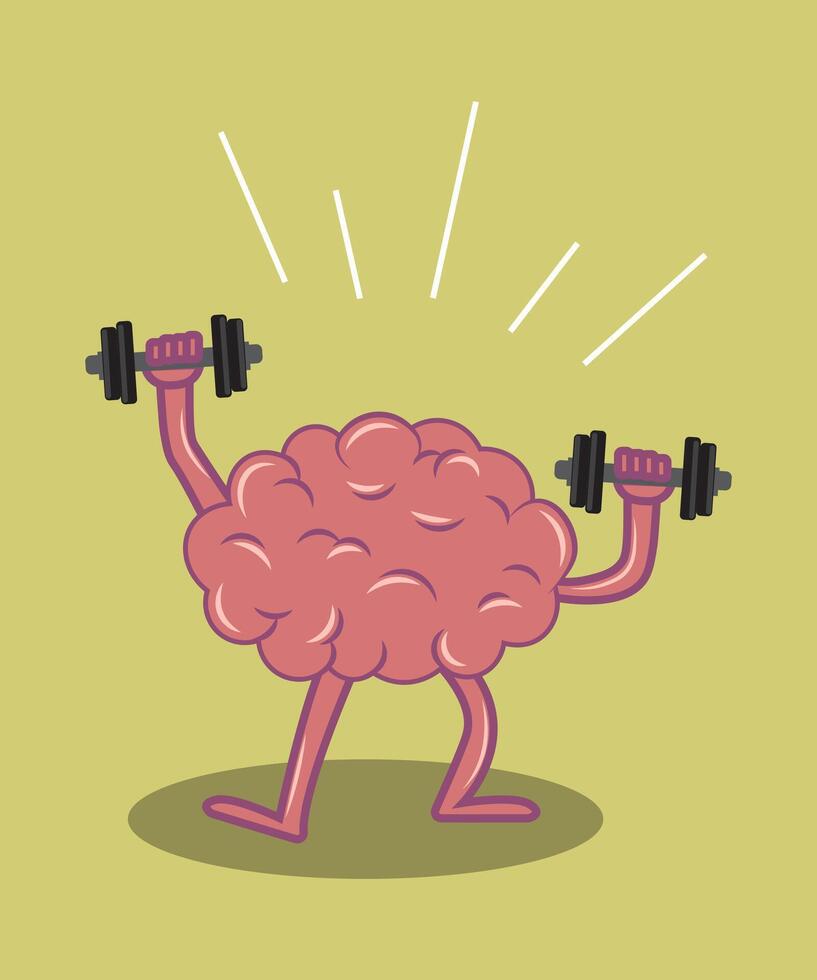 cute brain power. Brain workout. Cartoon brain character lifting dumbbells. Education concept illustration. vector