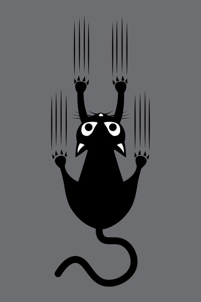 Black cat climbs the wall. the cat scratches the wall illustration. vector