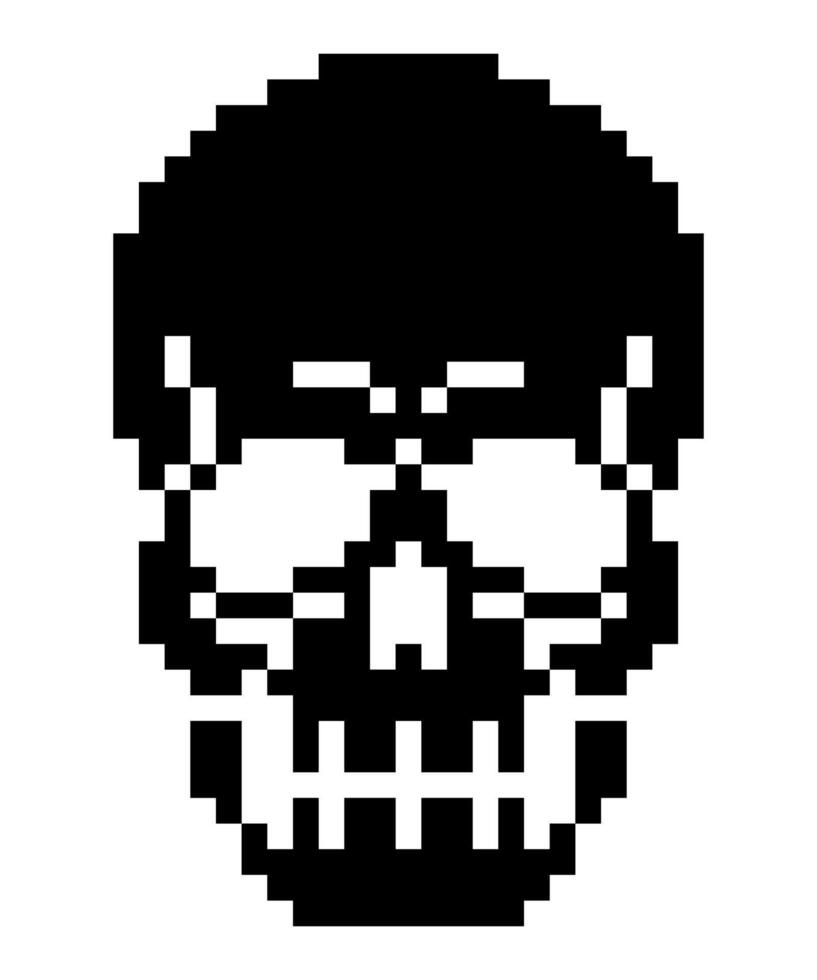 Human skull pixel art icon, isolated on white background. tattoo sticker art. vector