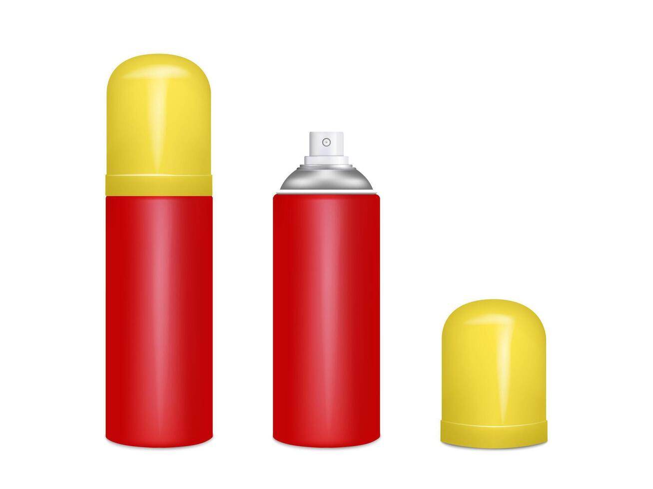 3d Realistic Aluminum Blank Spray Can, Bottle, Transparent Lid set Isolated. Design Template, Sprayer Can, Mockup, Package, Advertising, Hairspray, Deodorant. vector