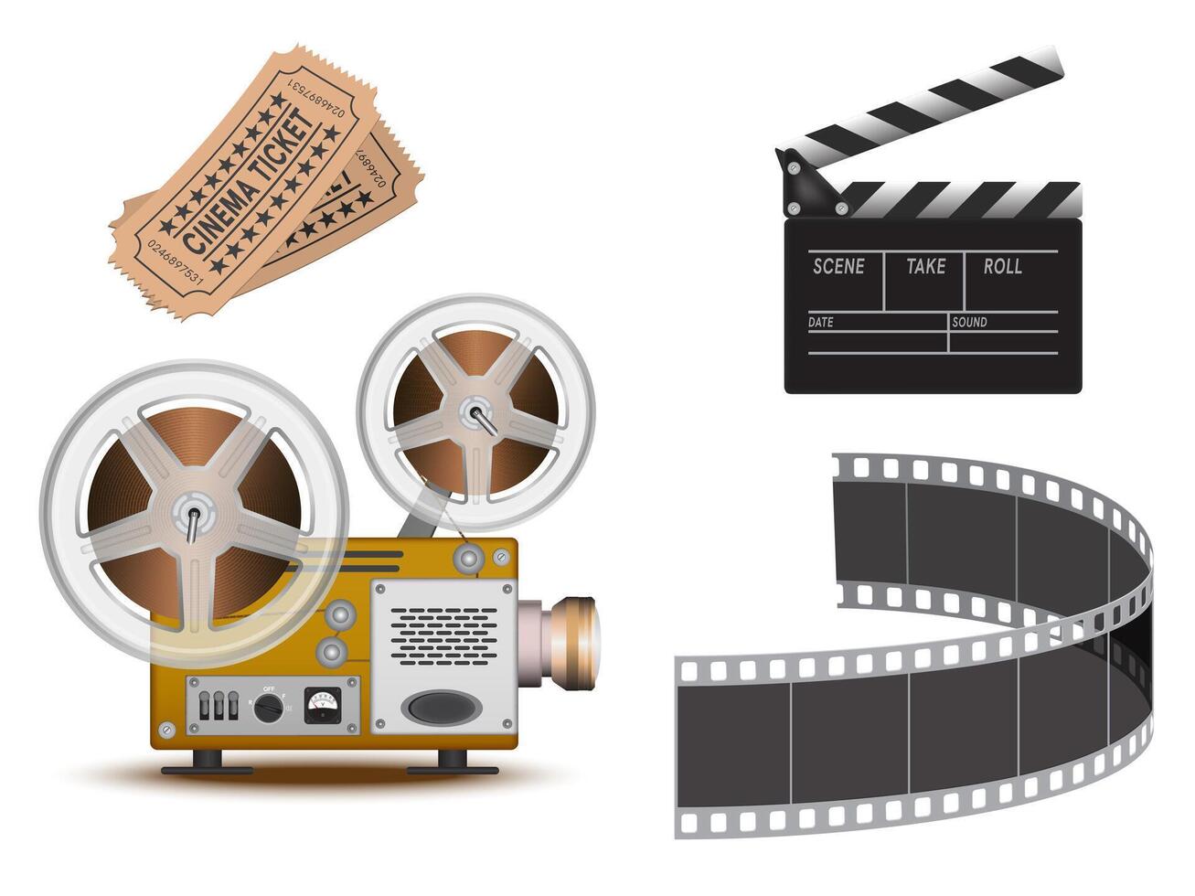 Film projector, film strip on white background. 3D . High detailed realistic illustration. vector